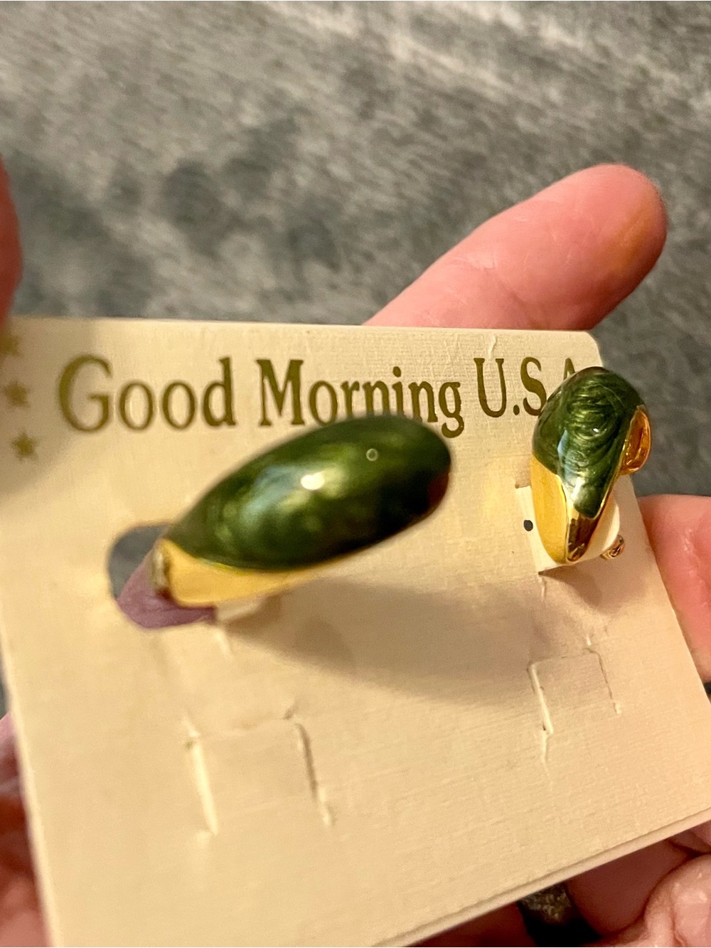 Gold-Tone Clip Earrings with Swirled Olive Green Inlay